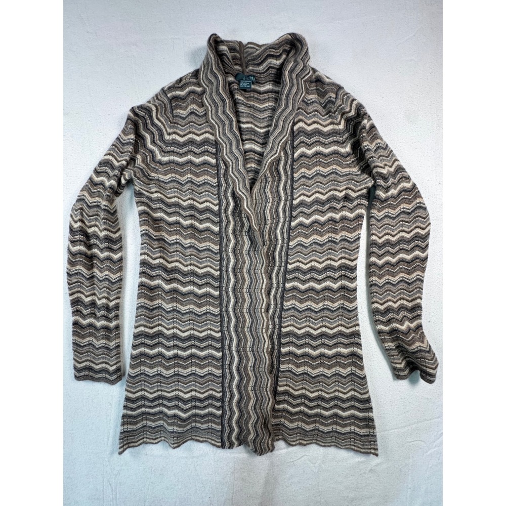 Griffen Cashmere Cardigan Womens XL Brown Zig Zag Open Front 100% Cashmere
